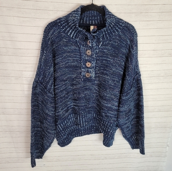 Anthropologie Pilcro Mega Henley Sweater Button Up Blue Heathered Knit, SZ 3XL - Picture 2 of 14